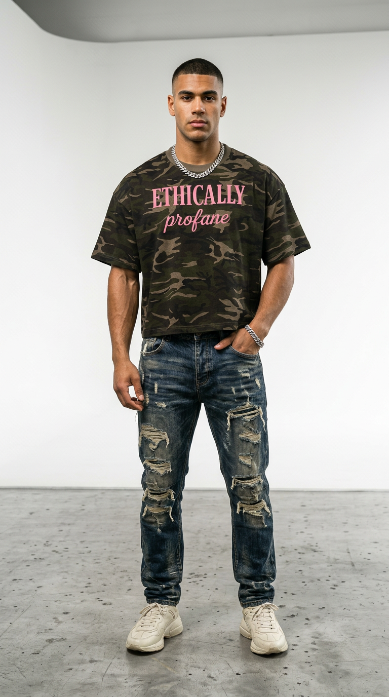 FW26 Ethically Profane camo tee front